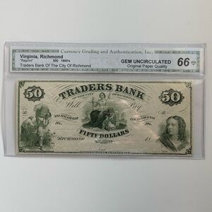 1860s $50 Traders Bank Richmond Reprint CGA 66 Gem Uncirculated